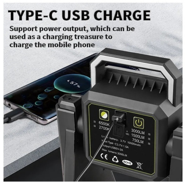 Επαναφορτιζόμενος Αδιάβροχος Τηλεσκοπικός Προβολέας Εργασίας 128LED 750lm - 1500lm - 3000lm σε Θερμό Λευκό 2700K και Ψυχρό Λευκό 6500K Φωτισμό BL-ZSQ-G10 Γκρι - Μαύρο