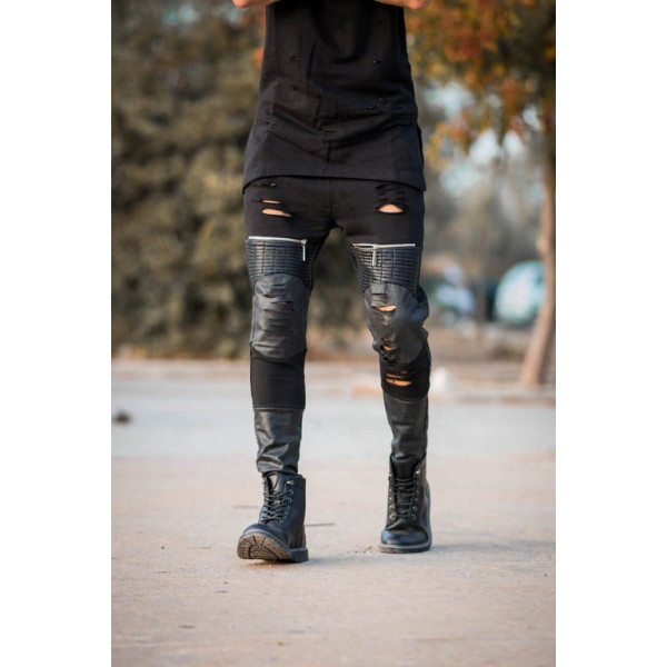 MEN'S BOTTOMS  SWEATSHIRT LEATHER  TEARS  ZIPPERS 111 BLACK