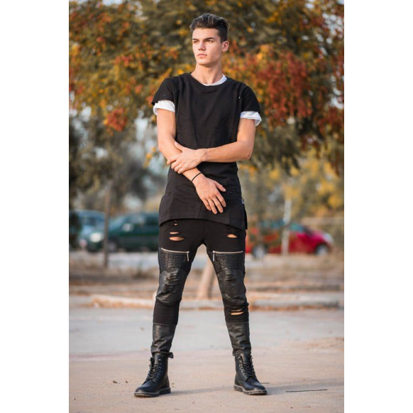 MEN'S BOTTOMS  SWEATSHIRT LEATHER  TEARS  ZIPPERS 111 BLACK