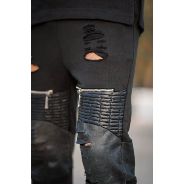 MEN'S BOTTOMS  SWEATSHIRT LEATHER  TEARS  ZIPPERS 111 BLACK