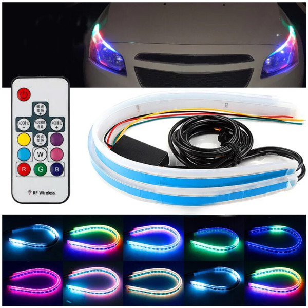 Led Ταινία για Φανάρια Αυτοκινήτου Φώτα Ημέρας - Φλας με Ροή - RGB και Τηλεχειριστήριο 60cm Ψυχρό Λευκό - Πορτοκαλί - RGB Σετ 2τμχ