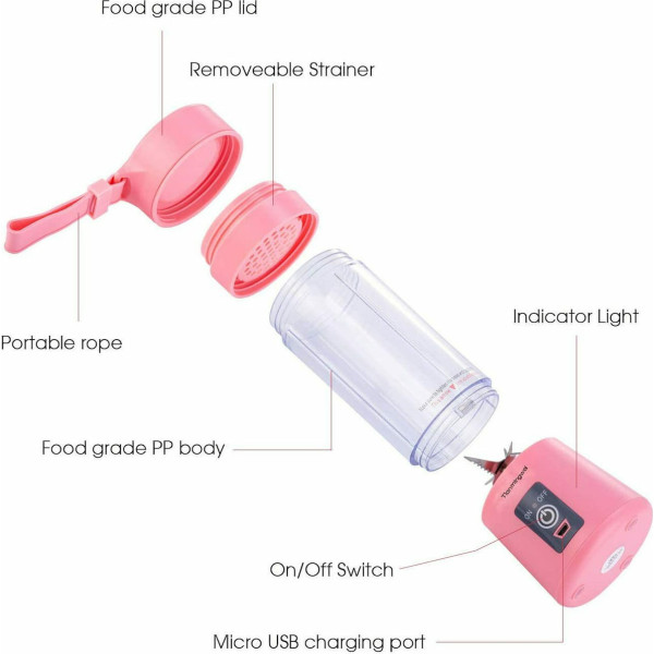 HM-03 Mini Μπλέντερ για Smoothies με κανάτα 0.38lt  και Ισχύ 380Watt Ροζ