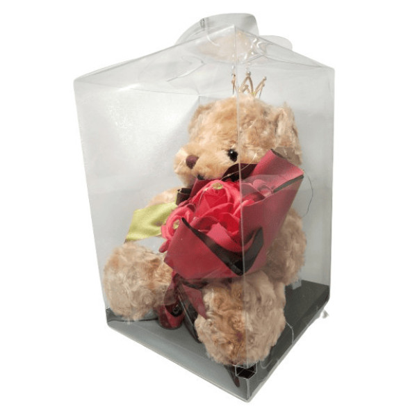 Plush teddy bear princess with bouquet of red foam roses in a box 000084 BROWN 28cm