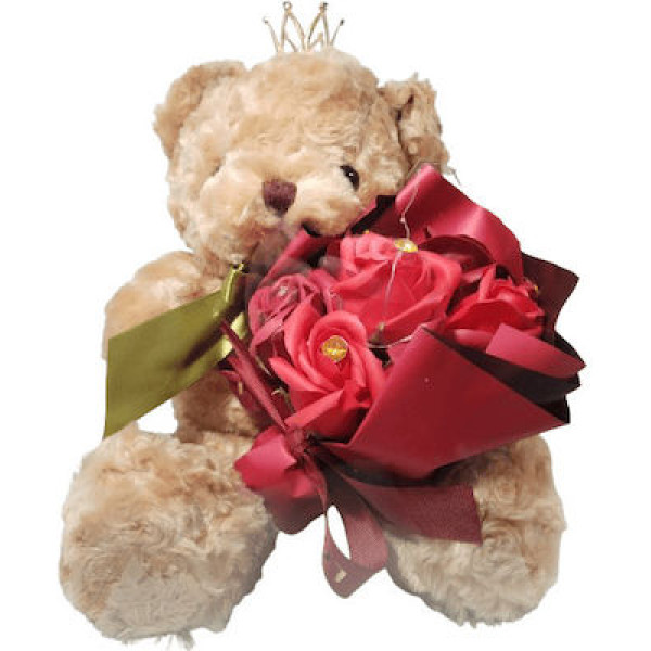 Plush teddy bear princess with bouquet of red foam roses in a box 000084 BROWN 28cm