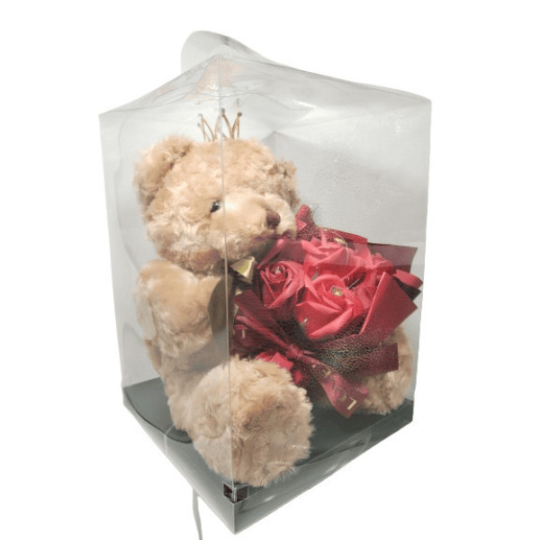 Plush teddy bear princess with bouquet of red foam roses in a box 000084 BROWN 28cm
