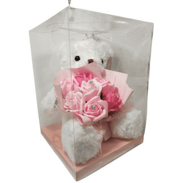 Plush teddy bear princess with bouquet of red foam roses in a box 000084 white 28cm