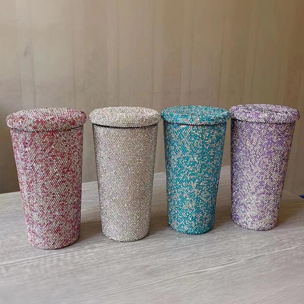 Ποτήρι θερμός με μεταλλικό καλαμάκι και στρας 500ml QH-009 Ασημί/ροζ/μπλε