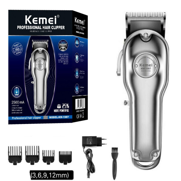 Επαναφορτιζόμενη Κουρευτική Μηχανή Kemei KM-1987 Ασημί