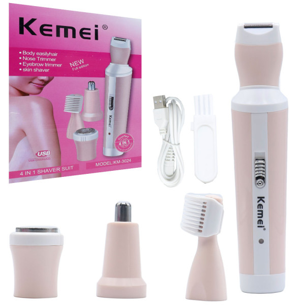 Σετ Αποτρίχωσης Epilator για Πρόσωπο και Σώμα 4 σε 1 Kemei KM-3024 Ροζ-Λευκό