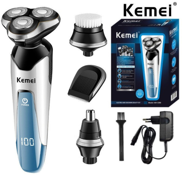 Επαναφορτιζόμενη Ξυριστική Μηχανή με 4 Κεφαλές Kemei KM-5390 Ασημί-Μπλε