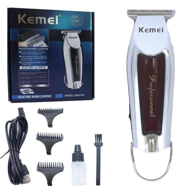 Επαναφορτιζόμενη Κουρευτική Μηχανή Kemei KM-9163 Ασημί-Μπορντώ