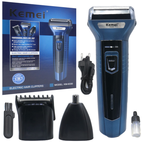 Επαναφορτιζόμενη Ξυριστική Μηχανή Προσώπου 3 σε 1 Kemei KM-6330 Μπλε