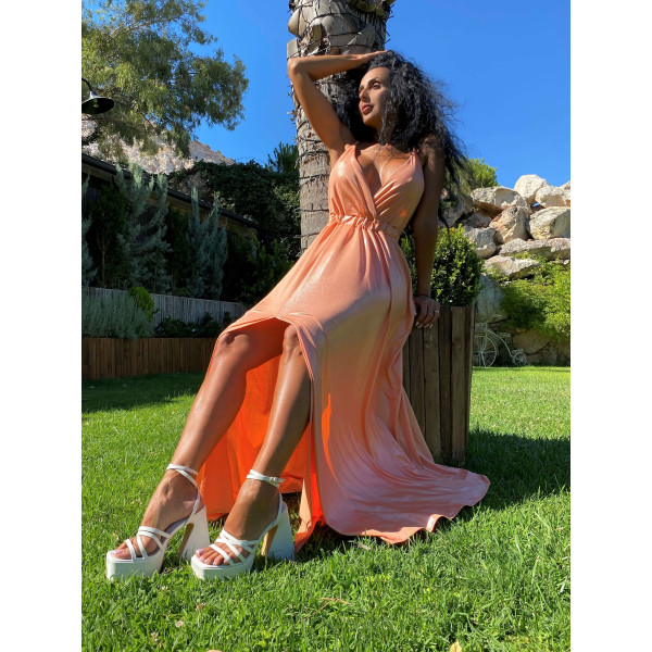 DRESS LONG BACK WITH RIP MOHICANS L6054 ORANGE