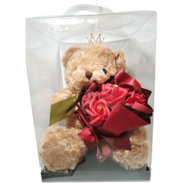 Λούτρινο αρκουδάκι πριγκίπισσα με μπουκέτο κόκκινα τριαντάφυλλλα σε κουτί 84734 καφέ 28εκ