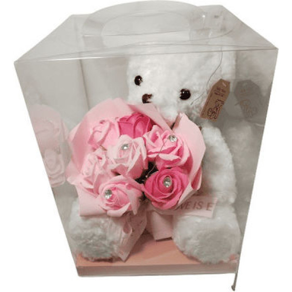Λούτρινο αρκουδάκι πριγκίπισσα με μπουκέτο ροζ τριαντάφυλλλα σε κουτί 84734 λευκό 28εκ