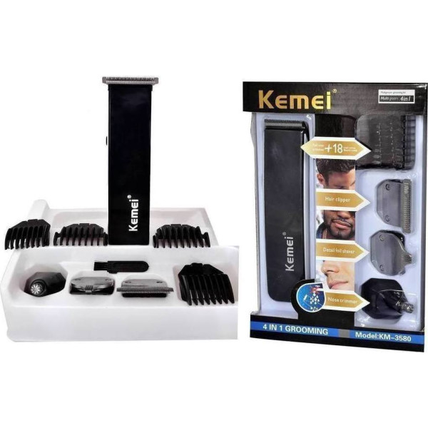 Σετ Επαναφορτιζόμενης Κουρευτικής Μηχανής 4 σε 1 Kemei KM-3580 Μαύρο