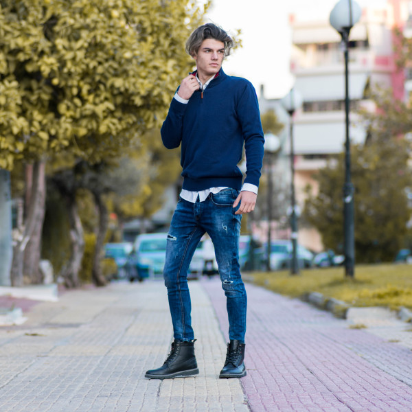 MEN'S KNITTING ZIPPER COTTON MOHICANS 353 BLUE