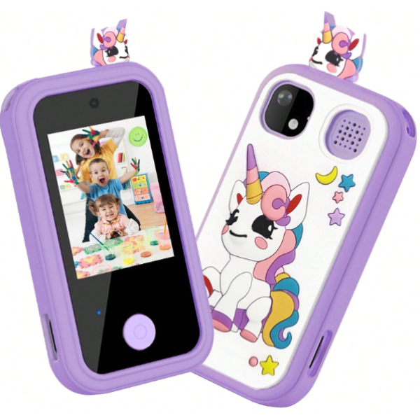 Παιδικό έξυπνο τηλέφωνο οθόνη αφής HD διπλής κάμερας Unicorn ψηφιακή βιντεοκάμερα HD με προστατευτικό Unicorn κάλυμμα σιλικόνης +6  B01-UNI Μωβ