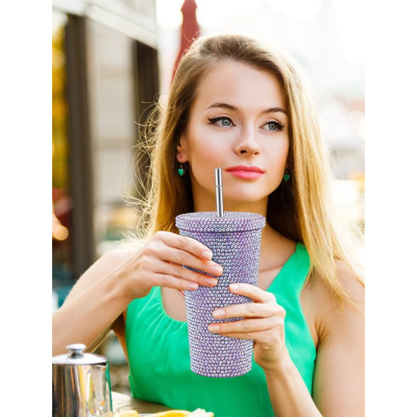 Ποτήρι θερμός με μεταλλικό καλαμάκι και στρας 500ml QH-009 Μπλε