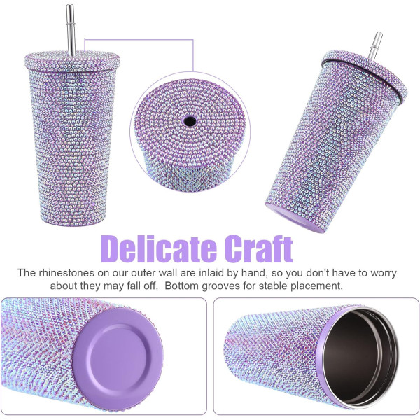 Ποτήρι θερμός με μεταλλικό καλαμάκι και στρας 500ml QH-009 Μπλε