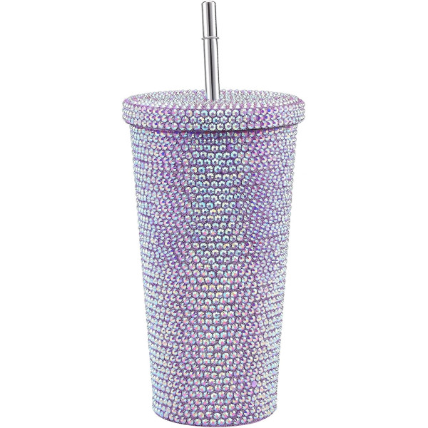 Ποτήρι θερμός με μεταλλικό καλαμάκι και στρας 500ml QH-009 Μπλε