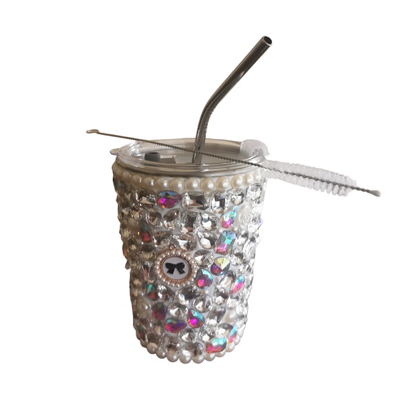 Ποτήρι με πέτρες διαμαντιών με καπάκι και καλαμάκι και αναδευτήρα 260ml QH-010