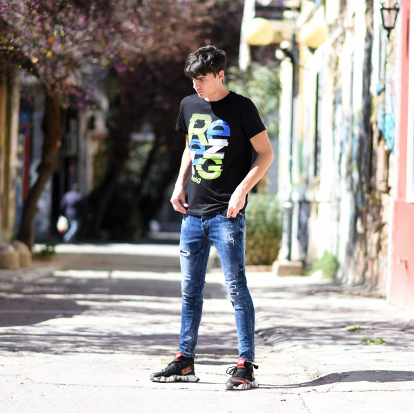 ΑΝΔΡΙΚΗ ΜΠΛΟΥΖΑ T-SHIRT ΛΑΙΜΟΣ ΣΤΑΜΠΑ MOHICANS RE19 ΜΑΥΡΟ