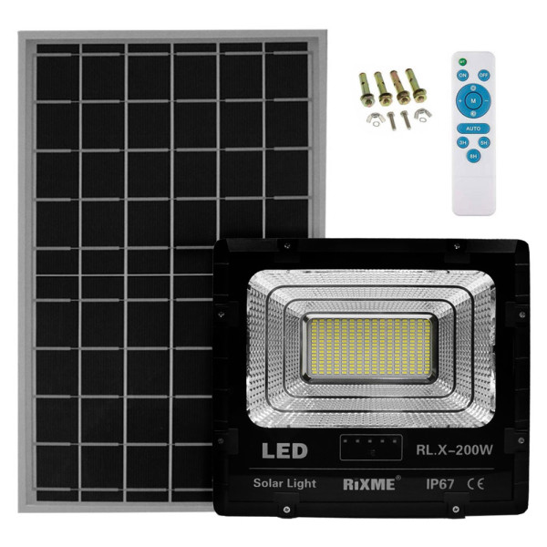Led Αδιάβροχος Ηλιακός Προβολέας 200W 20480LM με Πάνελ και Τηλεχειριστήριο Rixme RL.X-200W