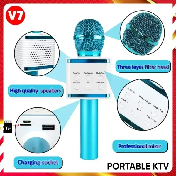 Aσύρματο Μικρόφωνο Bluetooth Καραόκε V7 – Μπλέ