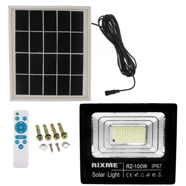 Led Αδιάβροχος Ηλιακός Προβολέας 100W 12480LM με Πάνελ και Τηλεχειριστήριο Rixme RZ-100W