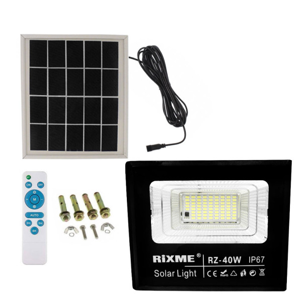 Led Αδιάβροχος Ηλιακός Προβολέας 40W 5600LM με Πάνελ και Τηλεχειριστήριο Rixme RZSL-8200