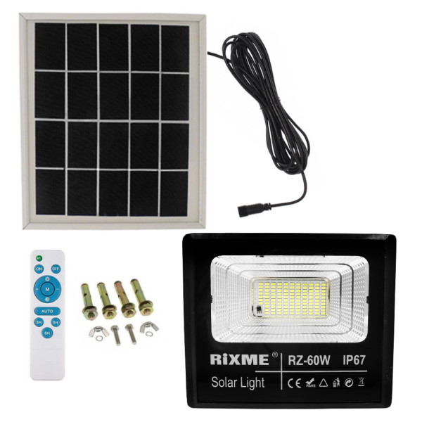 Led Αδιάβροχος Ηλιακός Προβολέας 60W 8800LM με Πάνελ και Τηλεχειριστήριο Rixme RZSL-8300