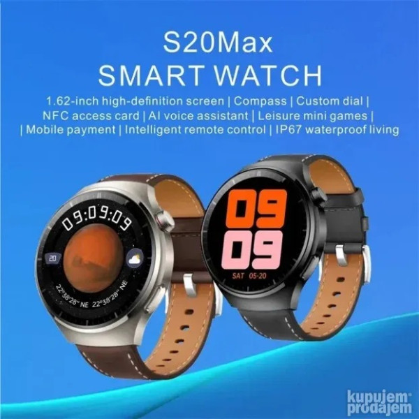 Smartwatch S20 MAX with voice assistant 46mm male smartwatch NFC access control pressure monitor full screen compass 480x480 Καφέ