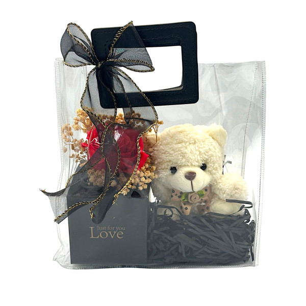 Τεχνητό Κόκκινο Τριαντάφυλλο σε τσαντάκι με Κουτί για Δαχτυλίδι και Αρκουδάκι 3114-3 Λευκό