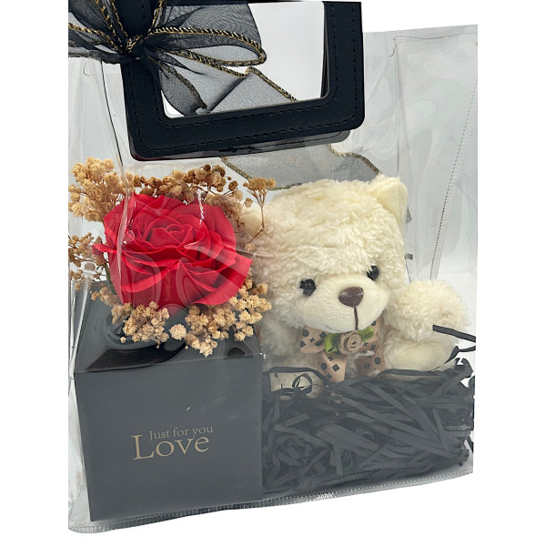 Τεχνητό Κόκκινο Τριαντάφυλλο σε τσαντάκι με Κουτί για Δαχτυλίδι και Αρκουδάκι 3114-3 Λευκό