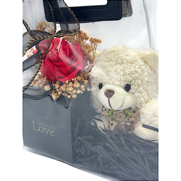 Τεχνητό Κόκκινο Τριαντάφυλλο σε τσαντάκι με Κουτί για Δαχτυλίδι και Αρκουδάκι 3114-3 Λευκό