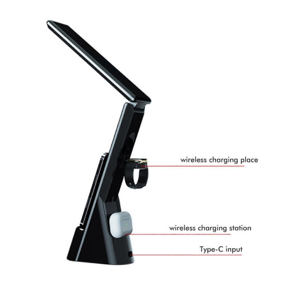3 in 1 Wireless Charger LED Table Lamp Quick Charging Station Touch Console Light with Cisea Time Black