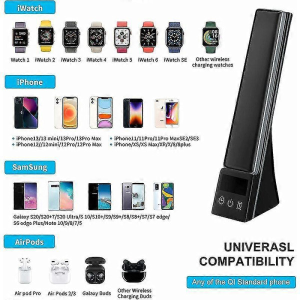 3 in 1 Wireless Charger LED Table Lamp Quick Charging Station Touch Console Light with Cisea Time Black