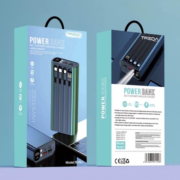Powerbank 4 εξόδων 20000 mAh με καλώδια εξόδου και ενσωματωμένο φακό TR-967