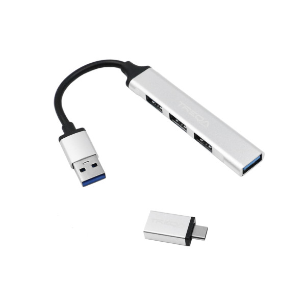 USB Hub 3.0 με 4 Θύρες USB-A και Αντάπτορα Type-C Treqa USB-3 Ασημί