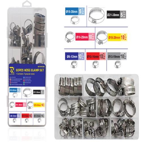 Σφιγκτήρες σωλήνων με ρυθμιζόμενο εύρος 10-38 mm 7 μεγέθη 60τμχ w15394