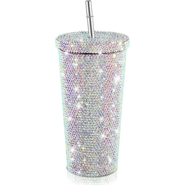 Ποτήρι θερμός με μεταλλικό καλαμάκι και στρας 500ml QH-009 Λευκό