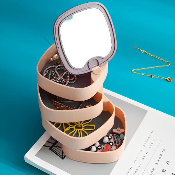 Θήκη για Κοσμήματα - Μπιζουτιέρα Περιστρεφόμενη με 4 Επίπεδα και Καθρέπτη WL-8041 Ροζ