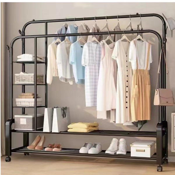 Μεταλλική Διπλή Τροχηλάτη Κρεμάστρα - Καλόγερος - Παπουτσοθήκη Δαπέδου με 2 Ράφια και Βάρος Αντοχής έως 58 Kg 160x110x55cm YP-618 Μαύρο χρώμα