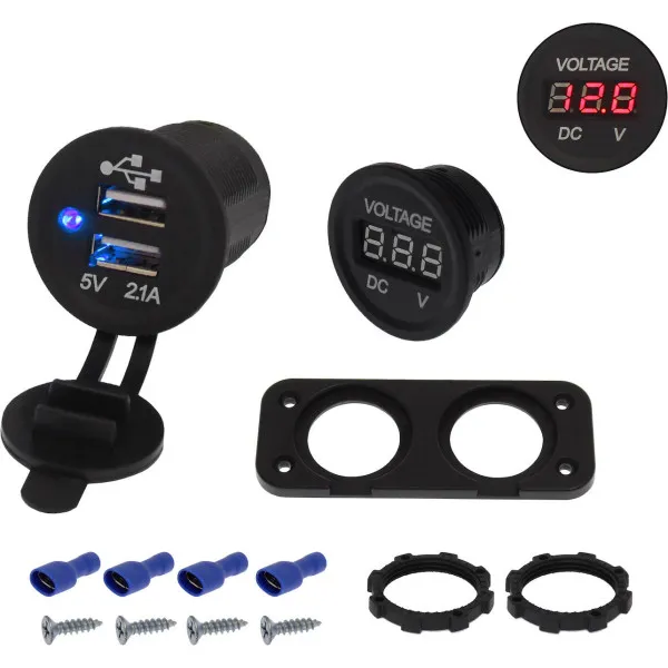Σετ Βολτόμετρο 12V - 24V και USB Φορτιστής Διπλός με βάση πάνελ IP65 Κόκκινο W11851-1
