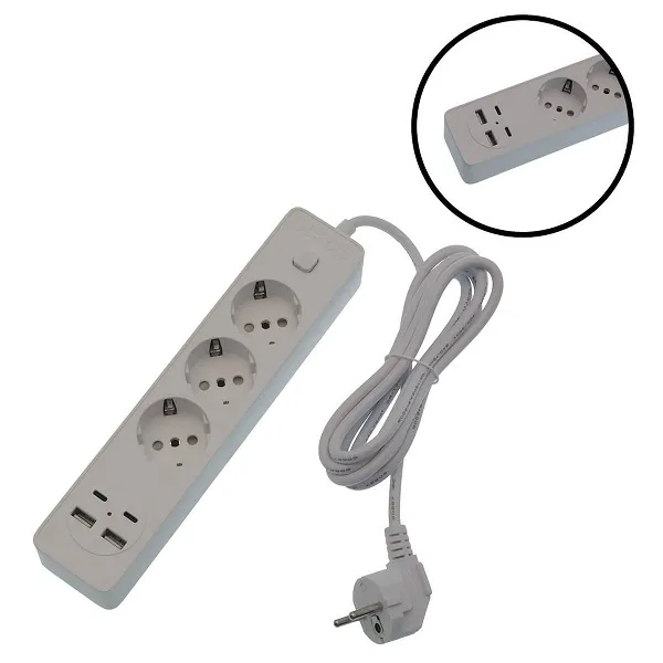 Πολύμπριζο 3 Θέσεων με Διακόπτη 2 θύρες USB 2 θύρες TYPE-C με καλώδιο 2μ. OG2203