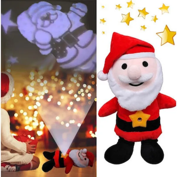 Φωτιζόμενος Λούτρινος Διακοσμητικός Άι Βασίλης Κόκκινος με Projector Κινουμένων Αστεριών