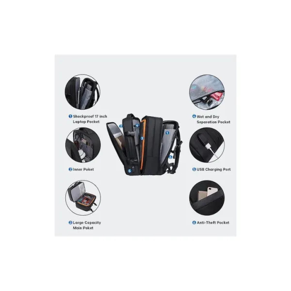 Ozuko Ανδρικό Υφασμάτινο Σακίδιο Πλάτης Αδιάβροχο με Θύρα USB 8983L Μαύρο