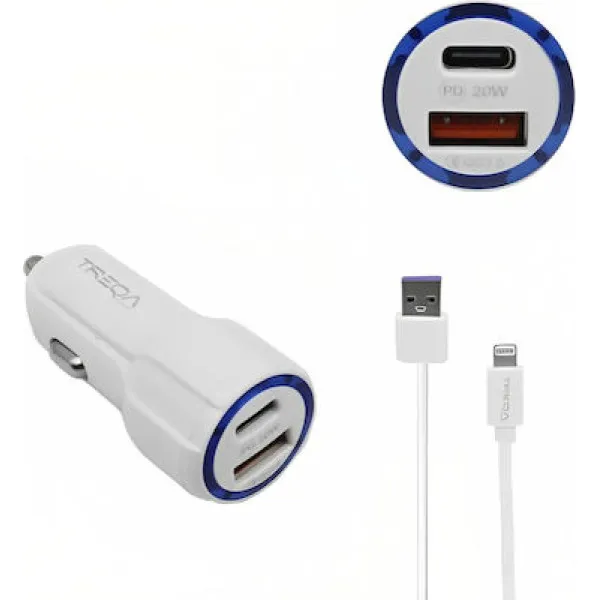 Treqa Φορτιστής Αυτοκινήτου Λευκός Γρήγορης Φόρτισης με Θύρες: 1xUSB 1xType-C μαζί με Καλώδιο Iphone Lightning