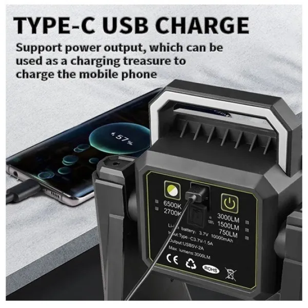 Επαναφορτιζόμενος Αδιάβροχος Τηλεσκοπικός Προβολέας Εργασίας 128LED 750lm - 1500lm - 3000lm σε Θερμό Λευκό 2700K και Ψυχρό Λευκό 6500K Φωτισμό BL-ZSQ-G10 Γκρι - Μαύρο